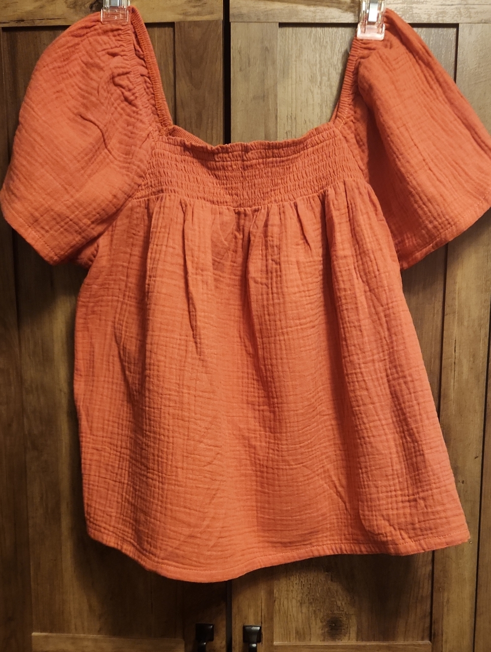 Smocked Square-Neck Puff Sleeve Tunic in Orange